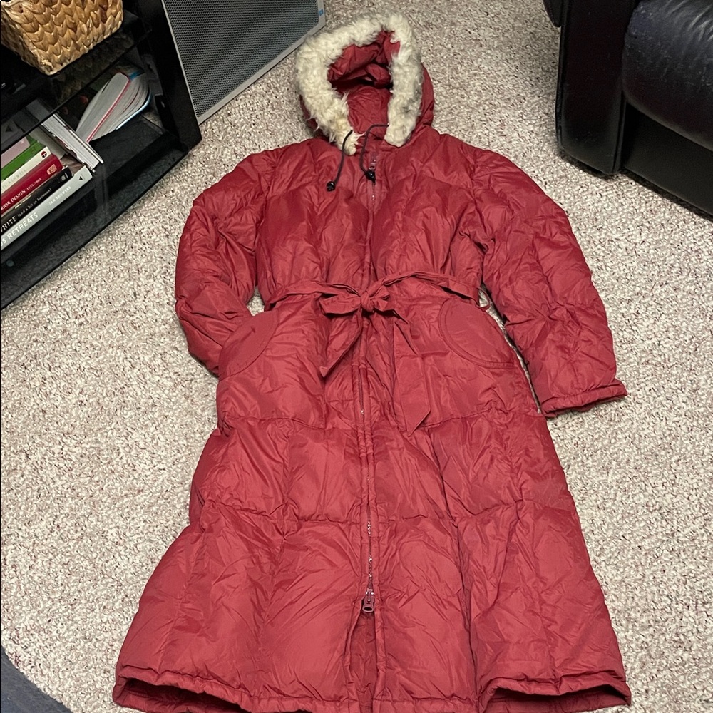 Vintage down filled sherling lined hood Women's Red Puffer maxi Coat
